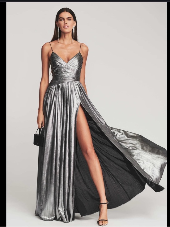 Retrofete Dresses & Skirts - Retrofete Metallic Silver Plissé Gown with High Slit